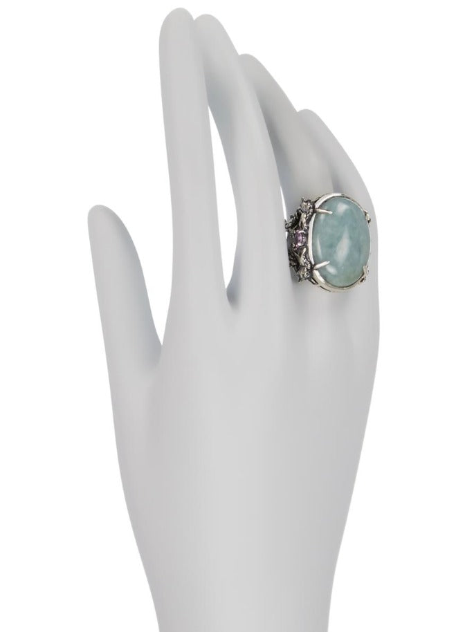 Jade of Yesteryear Green Jade and LabCreated Pink Corundum Ring. Size 6