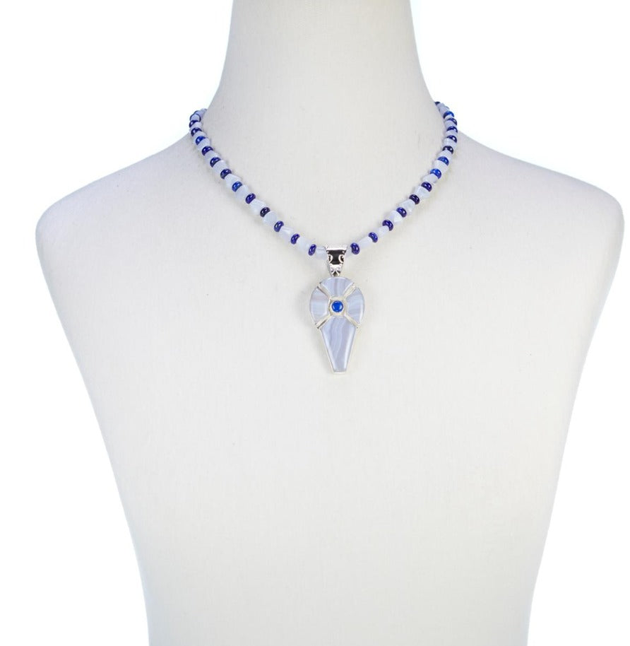 Jay King Sterling Silver Blue Lace Agate Pendant w/ Bead Necklace. 18"