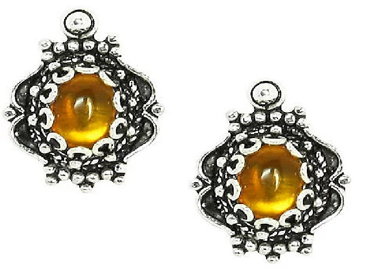 Artisan Crafted Amber Gemstone Scroll and Beaded Stud Earring Sterling Silver