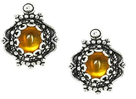 Artisan Crafted Amber Gemstone Scroll and Beaded Stud Earring Sterling Silver