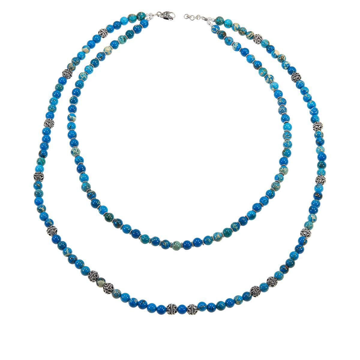 Ottoman Silver Jasper Blue 2-Strand Gemstone Bead Necklace, 19"L x 3/4"W with 3"