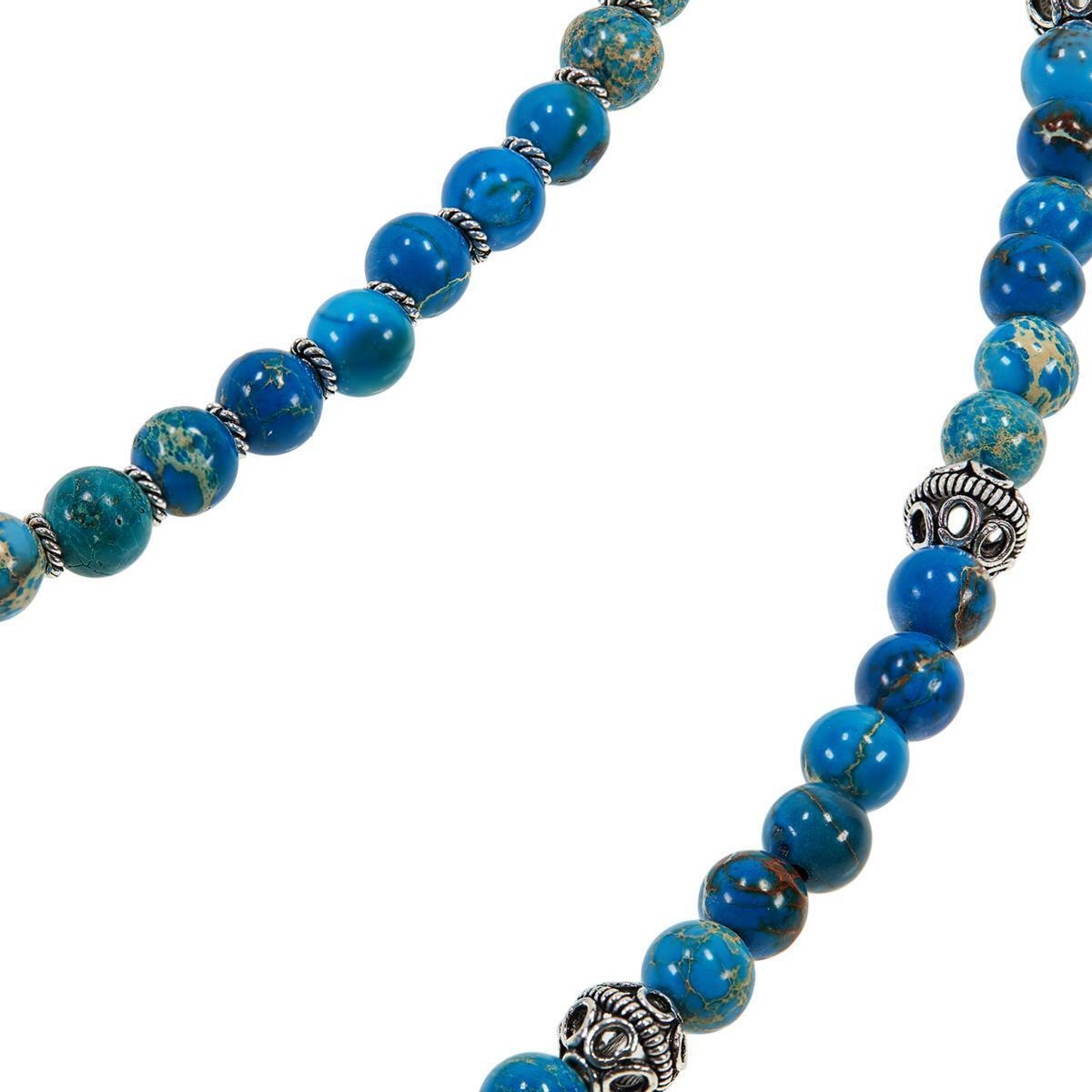 Ottoman Silver Jasper Blue 2-Strand Gemstone Bead Necklace, 19"L x 3/4"W with 3"