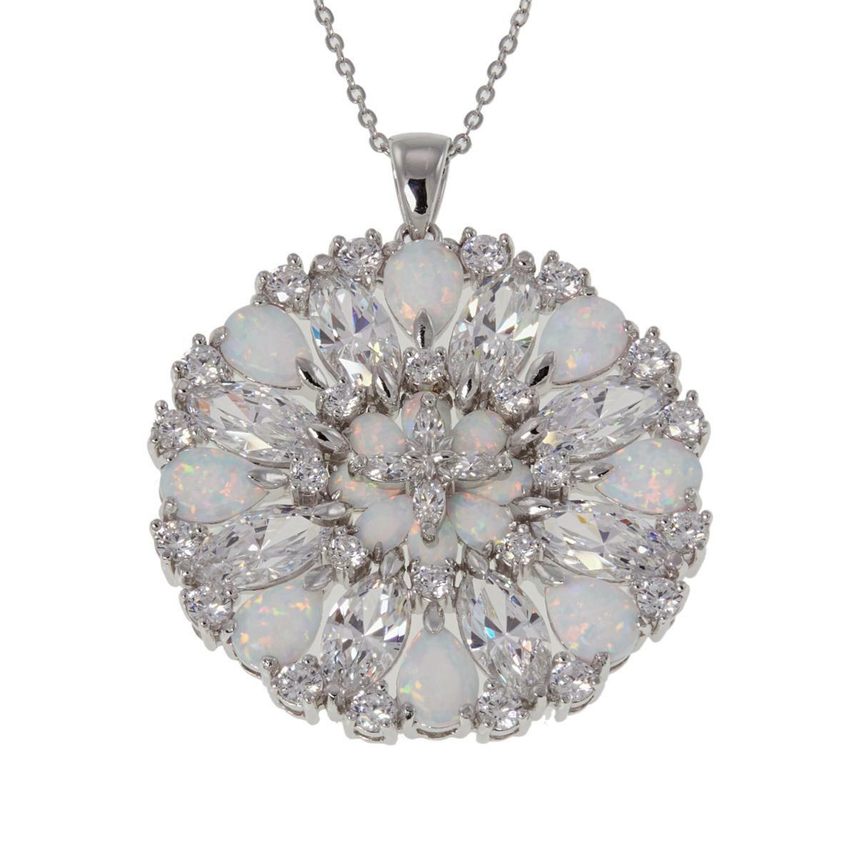 Absolute Sterling Opal & Cubic Zirconia Round Cluster Pendant Necklace HSN $190.