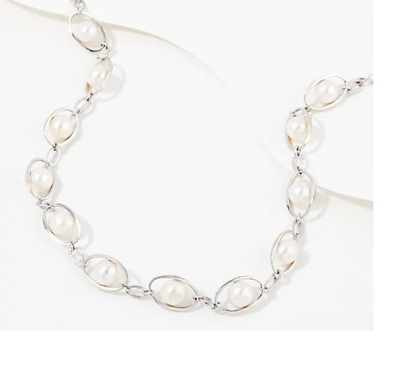 Affinity Cultured Freshwater Pearls Oval Link Necklace, 18"+2" Sterling Silver