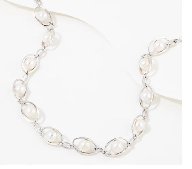 Affinity Cultured Freshwater Pearls Oval Link Necklace, 18"+2" Sterling Silver