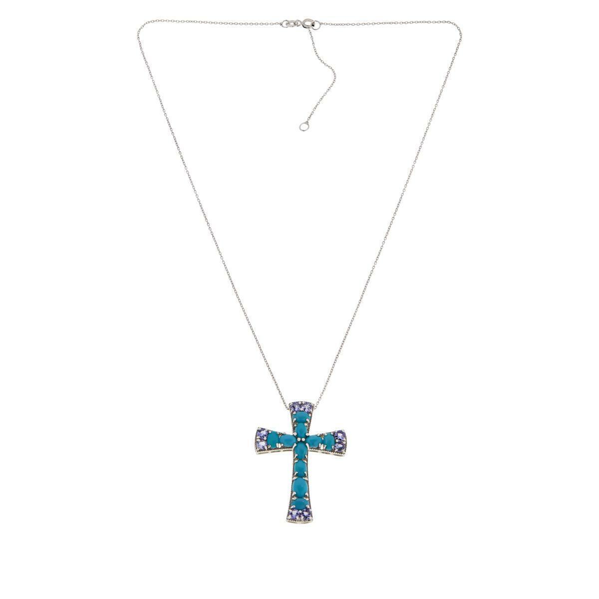 Colleen Lopez Turquoise and Tanzanite Cross Pendant with 18" Chain