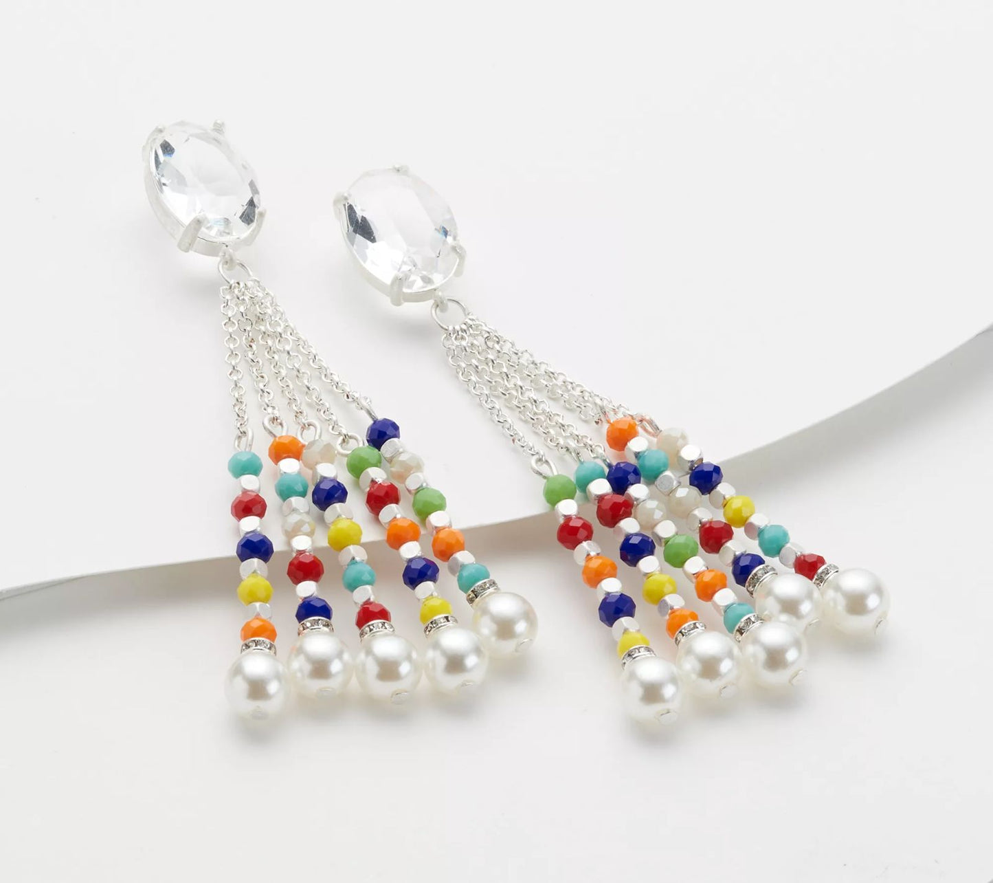 Susan Graver Crystal & Glass, Brass Bead Drop Multi Color Earrings SilverTone