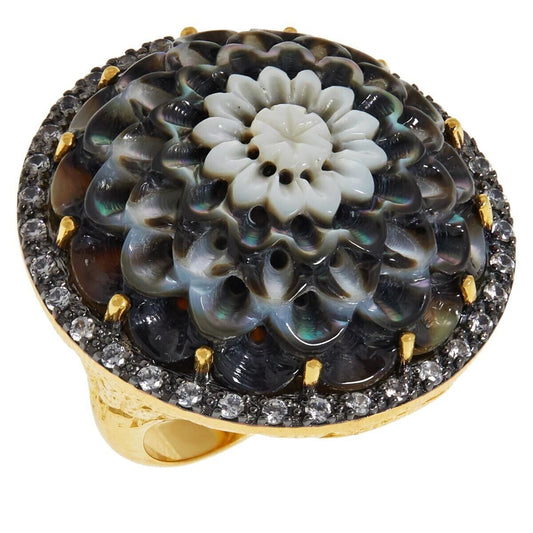 Rarities Sterling Silver Goldclad Black MotherofPearl Carved Flower Ring. Size 5