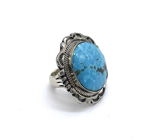 Chaco Canyon Sterling Silver Navajo Kingman Turquoise Statement Ring. Size 6