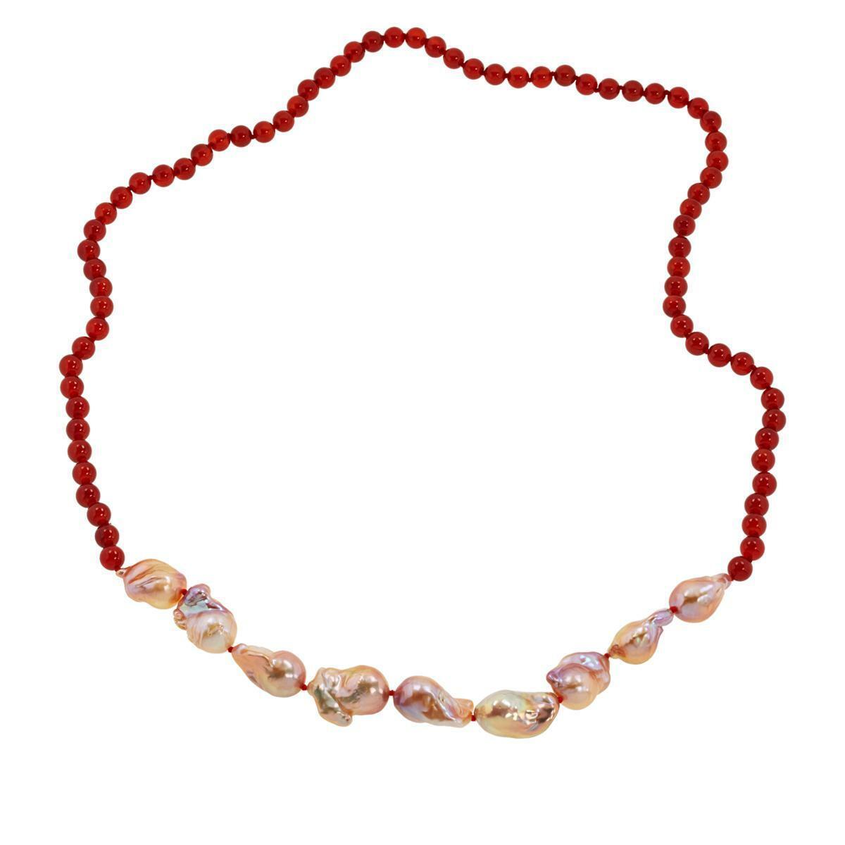 Colleen Lopez 34" Baroque Cultured Pearl and Red Gemstone Bead Necklace
