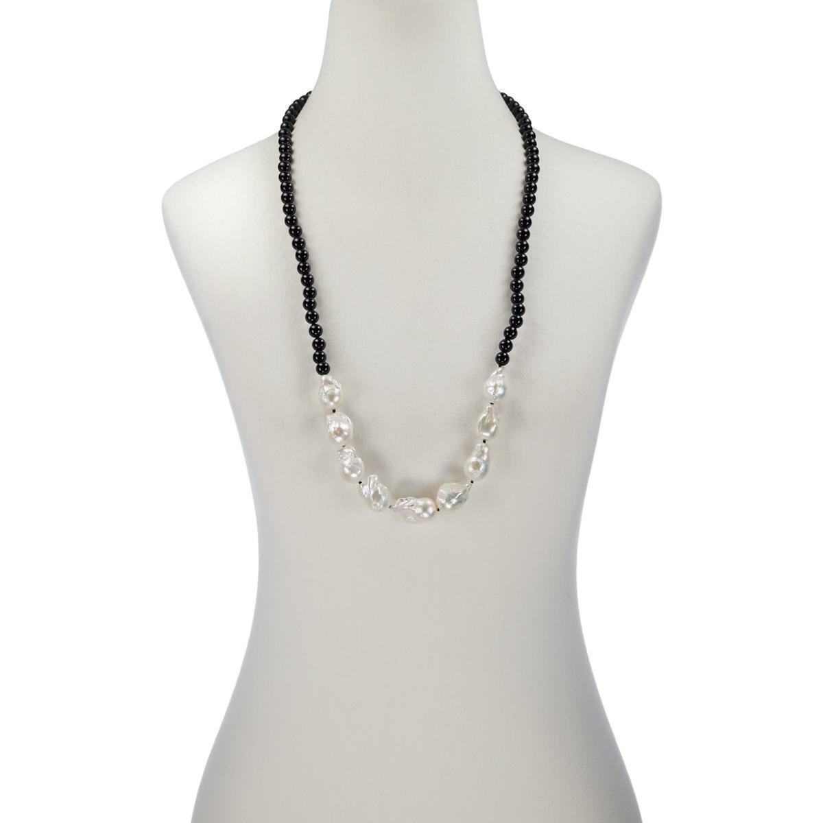 Colleen Lopez 34" Baroque Cultured Pearl and Black Gemstone Bead Necklace