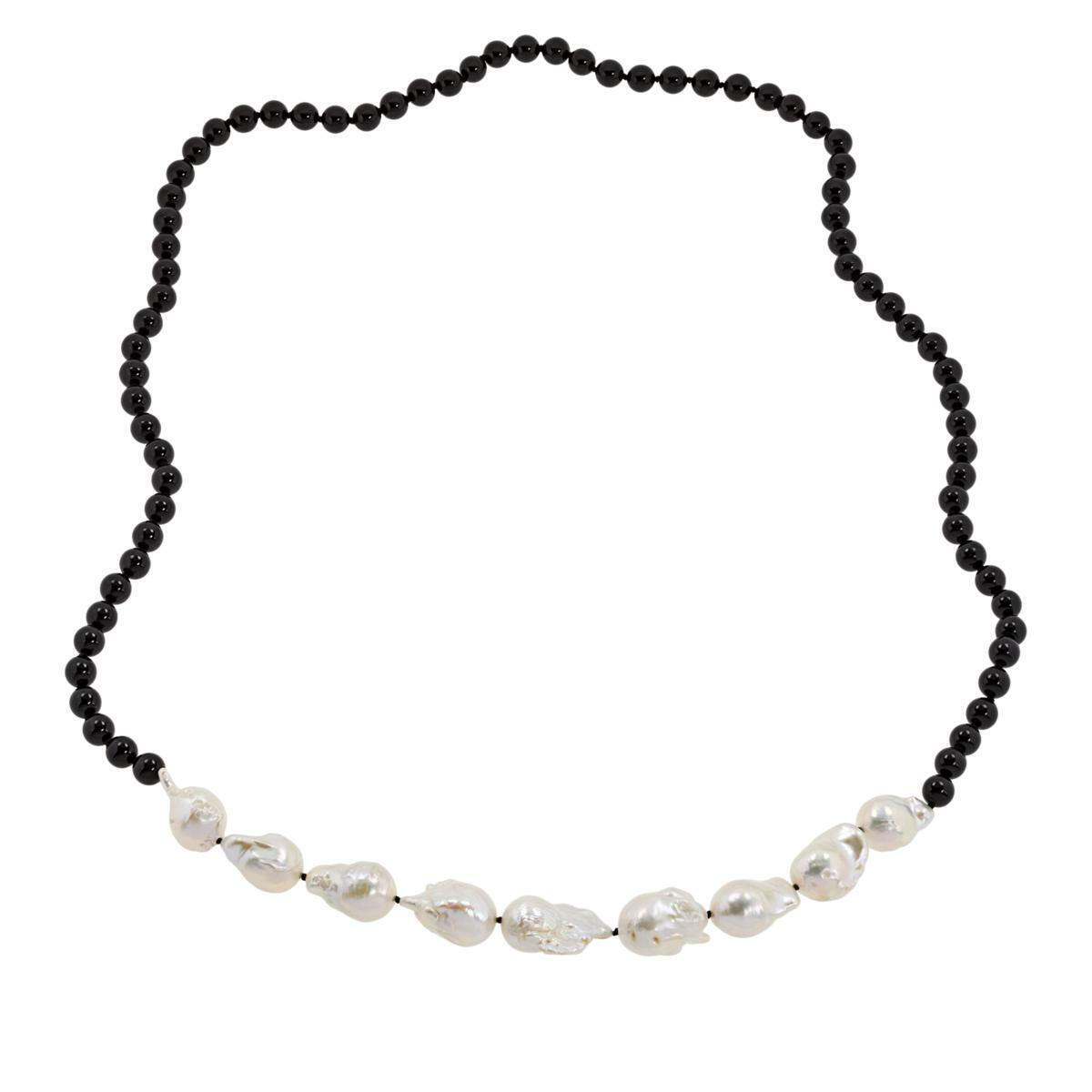 Colleen Lopez 34" Baroque Cultured Pearl and Black Gemstone Bead Necklace
