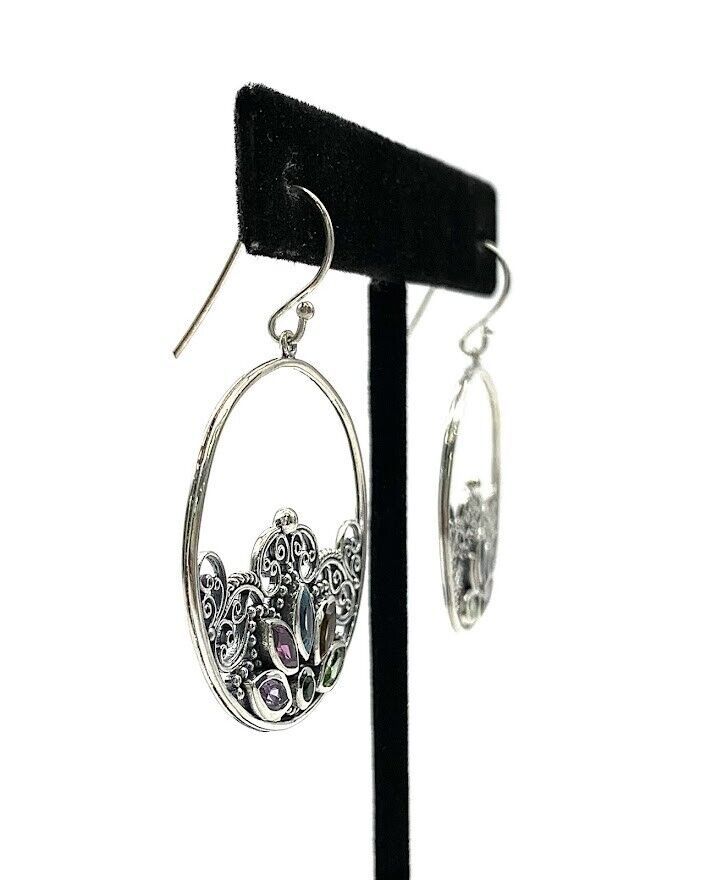 Artisan Crafted Sterling Silver Open Circle Multi-Gemstone Earrings. 1-1/4"