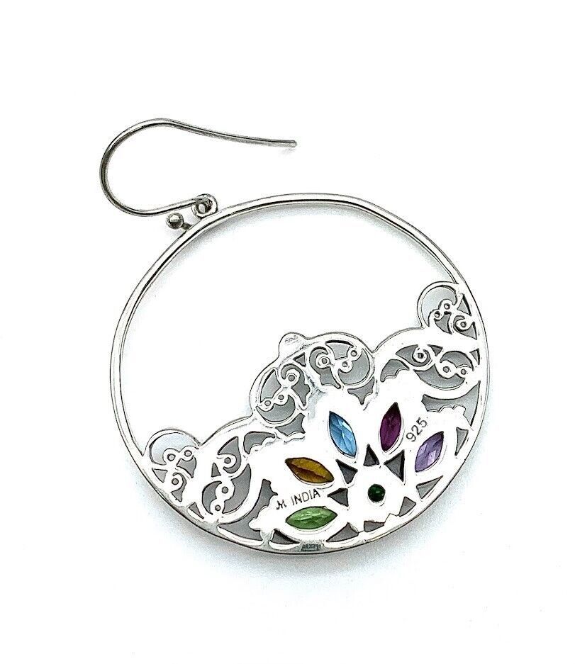 Artisan Crafted Sterling Silver Open Circle Multi-Gemstone Earrings. 1-1/4"