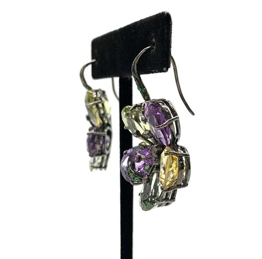 HSN Sterling Silver Rhodium Plated Multi-gemstone Flower Drop Earrings. 1"