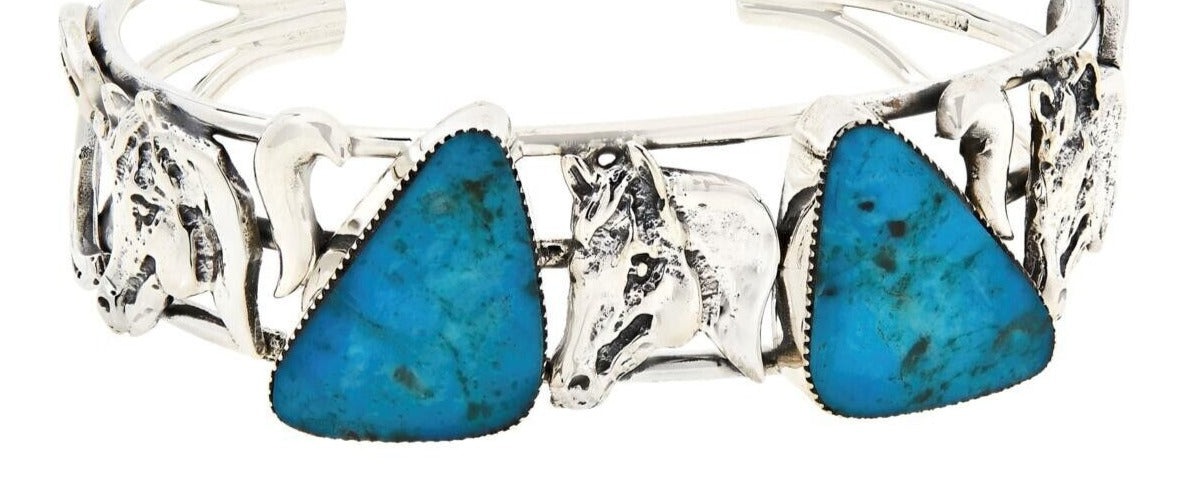 Chaco Canyon Sterling Silver Kingman Turquoise Horses Cuff. 6-1/4"