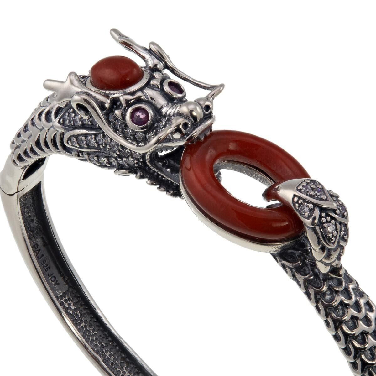 Jade of Yesteryear Red Jade, Ruby and CZ Dragon Bracelet, 7-1/2"