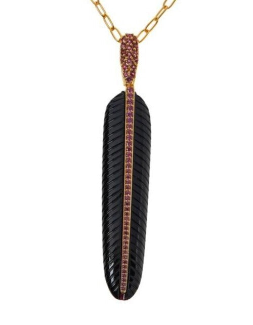 Rarities Sterling Silver Carve Black Howlite Rhodolite Feather Pendant Chain 28"