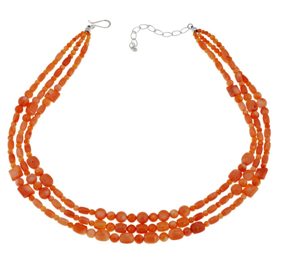 Jay King Sterling Silver Salmon Coral Beaded 3-Strand Necklace 18" Plus 3" ext.