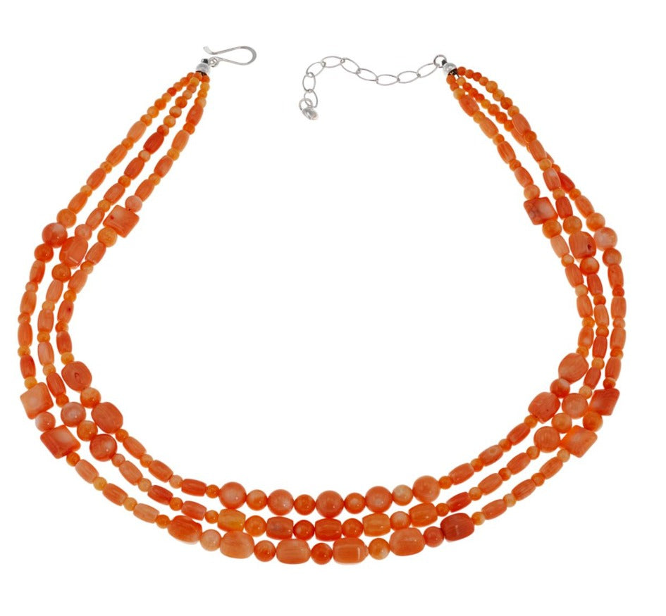 Jay King Sterling Silver Salmon Coral Beaded 3-Strand Necklace 18" Plus 3" ext.