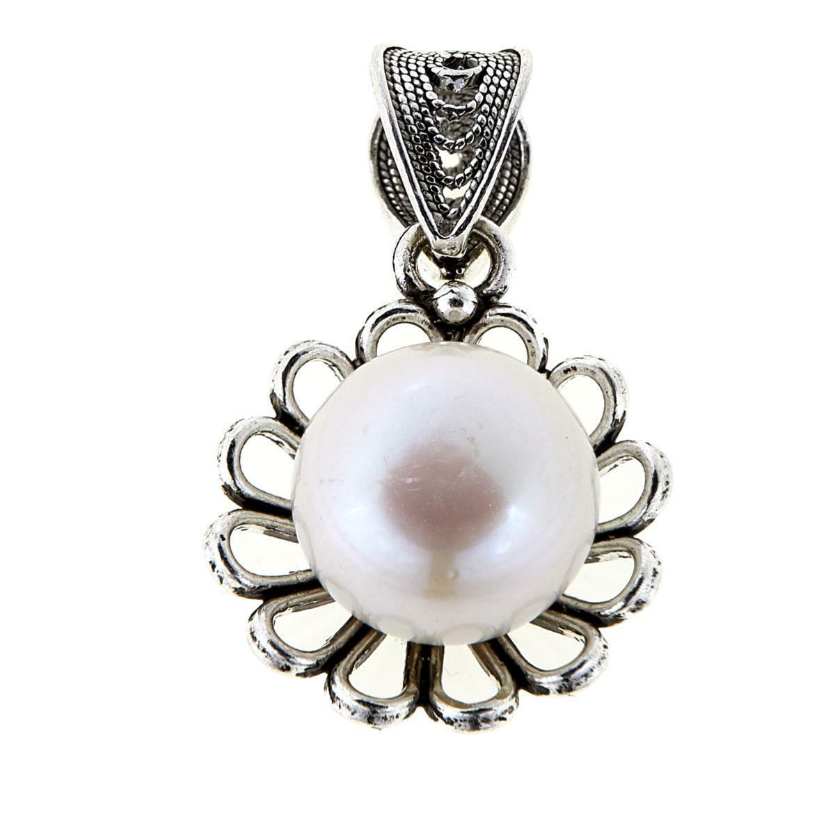 Ottoman Silver Jewelry White 12mm Cultured Pearl Flower Pendant