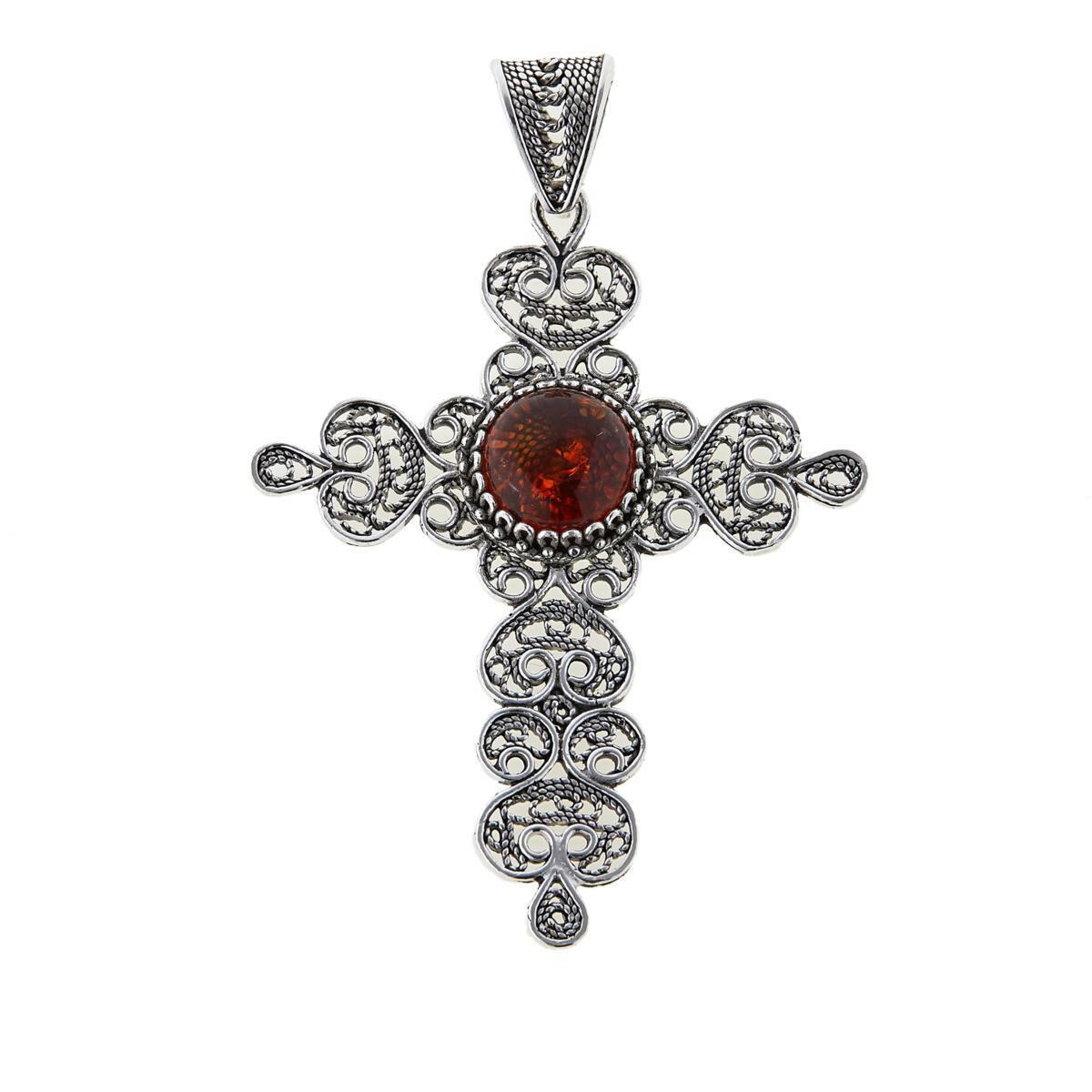 Ottoman Silver Jewelry Amber Filigree Budded Cross Pendant