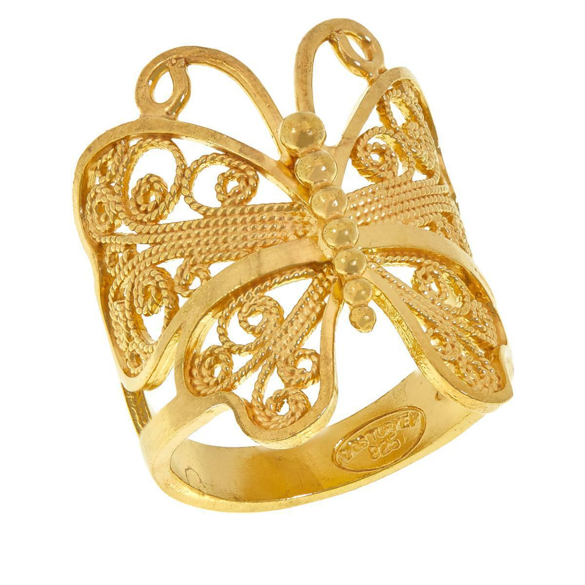 Ottoman Silver Gold-Plated Filigree Butterfly Ring, Size 6