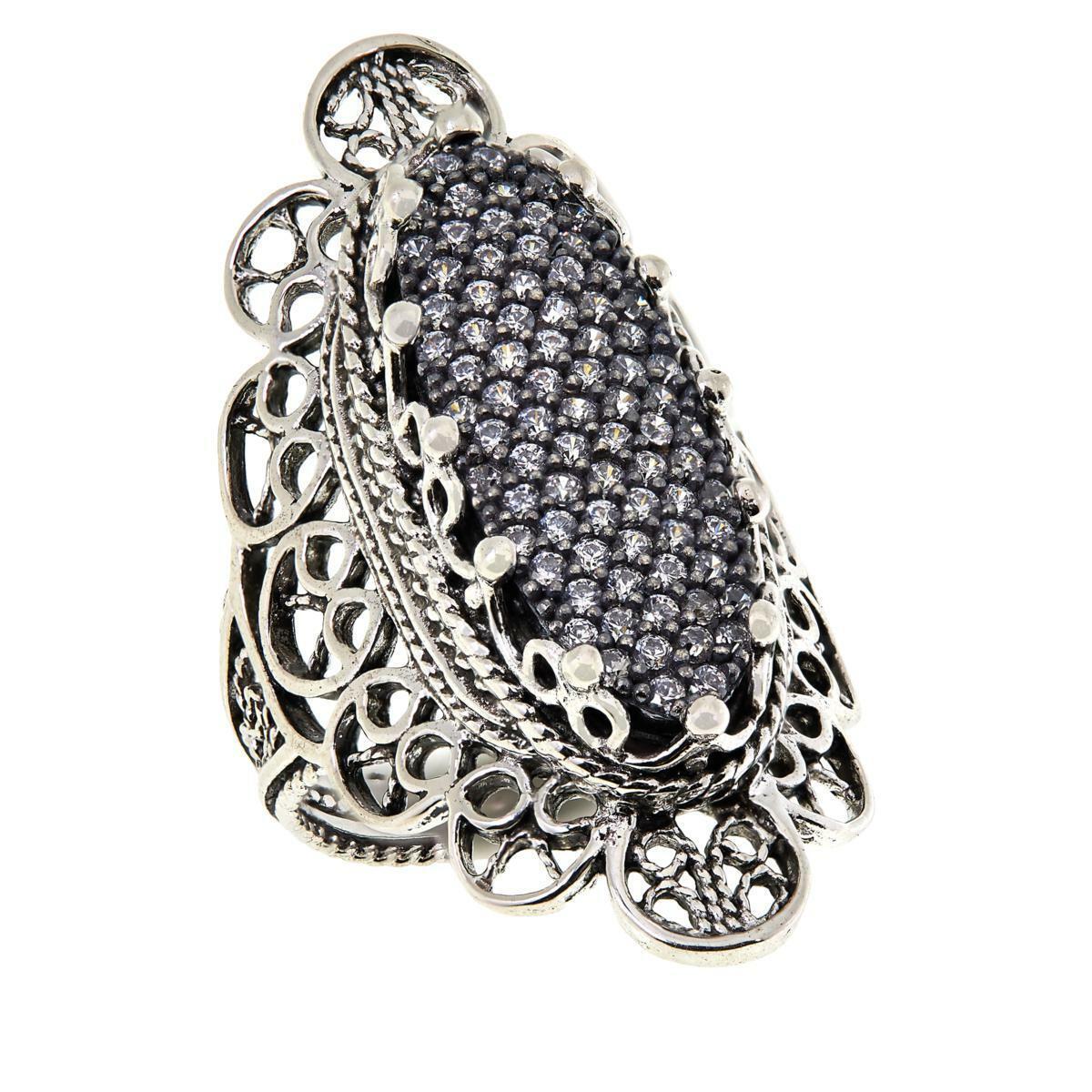 Ottoman Silver Sterling Silver Bold Filigree CZ Elongated Oval Ring, Size 7