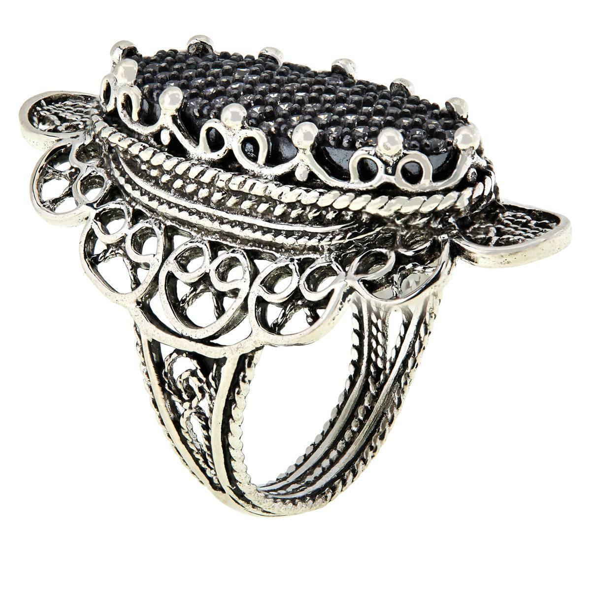 Ottoman Silver Sterling Silver Bold Filigree CZ Elongated Oval Ring, Size 7