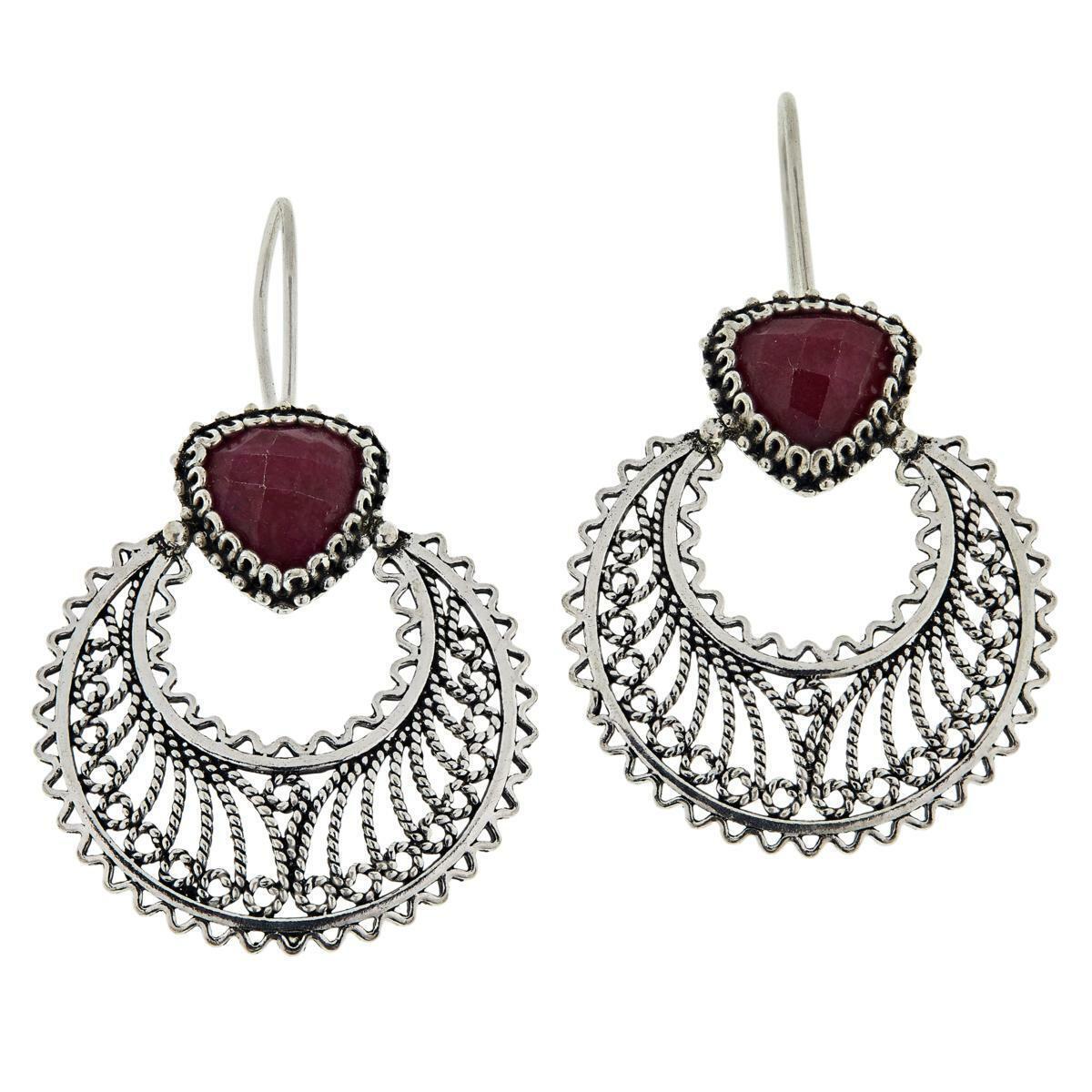 Ottoman Silver Jewelry Red Corundum Gemstone Crescent Moon Drop Earrings
