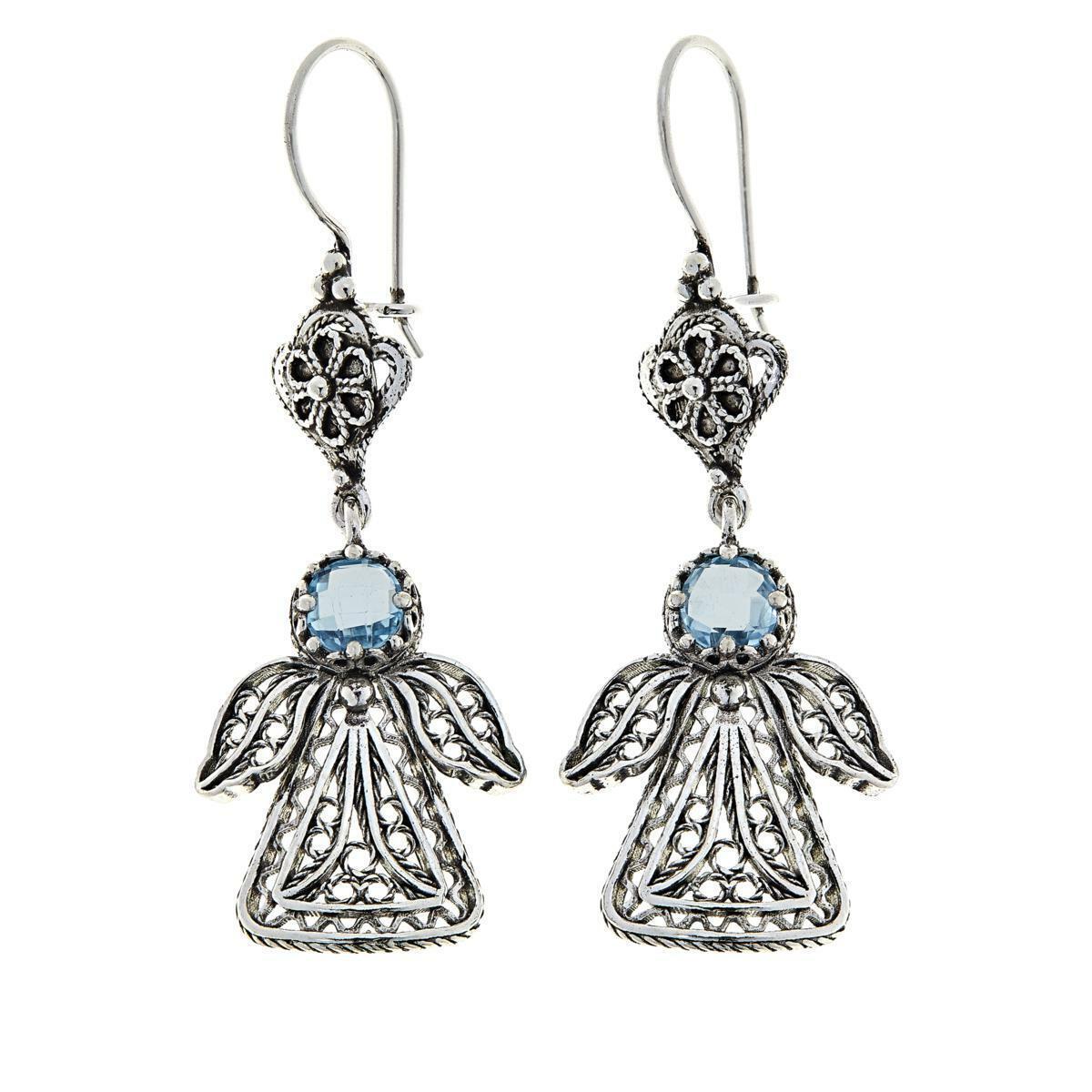 Ottoman Silver Jewelry Blue Topaz Floral Guardian Angel Drop Earrings