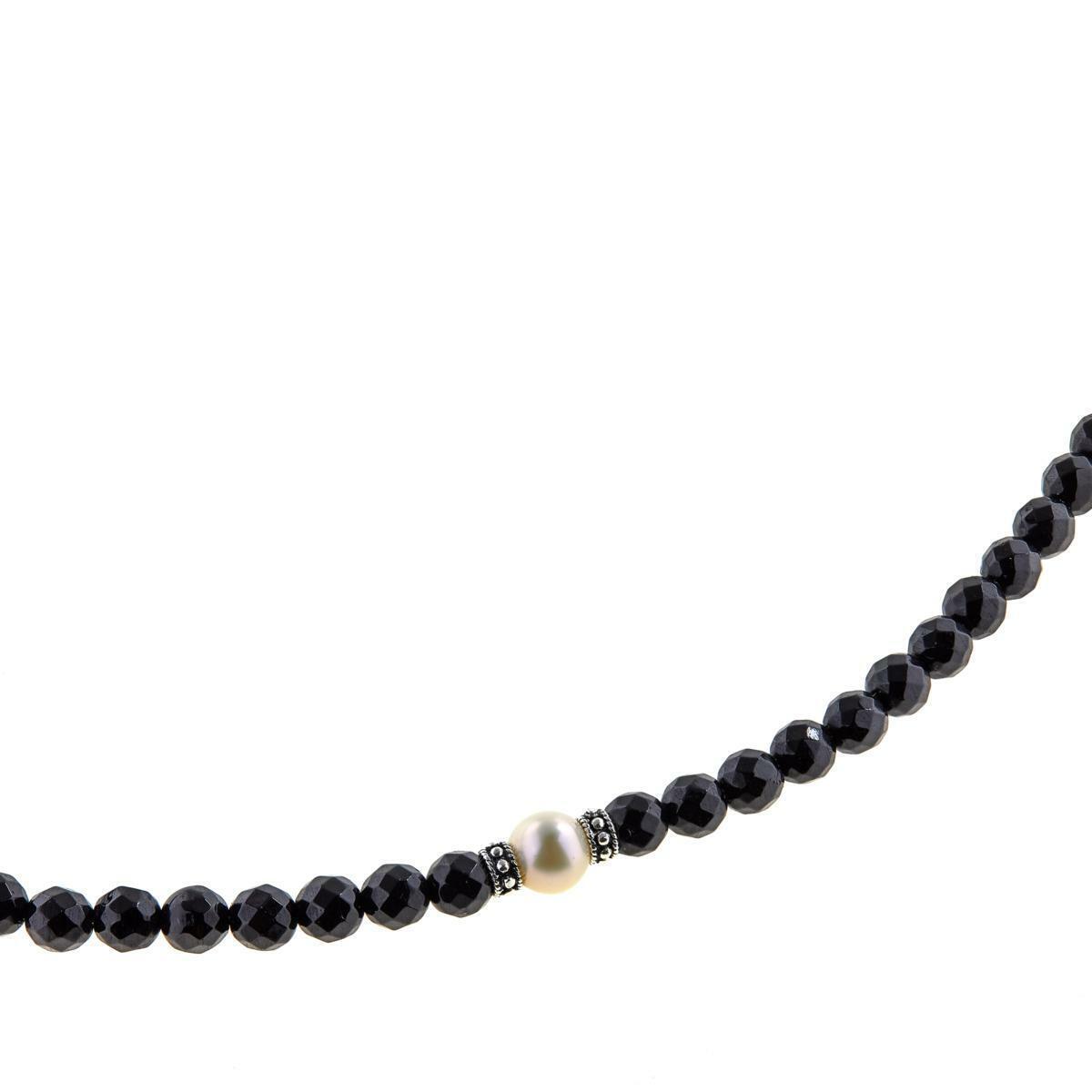 Ottoman Silver Jewelry Black Spinel and Cultured Pearl 40" Necklace