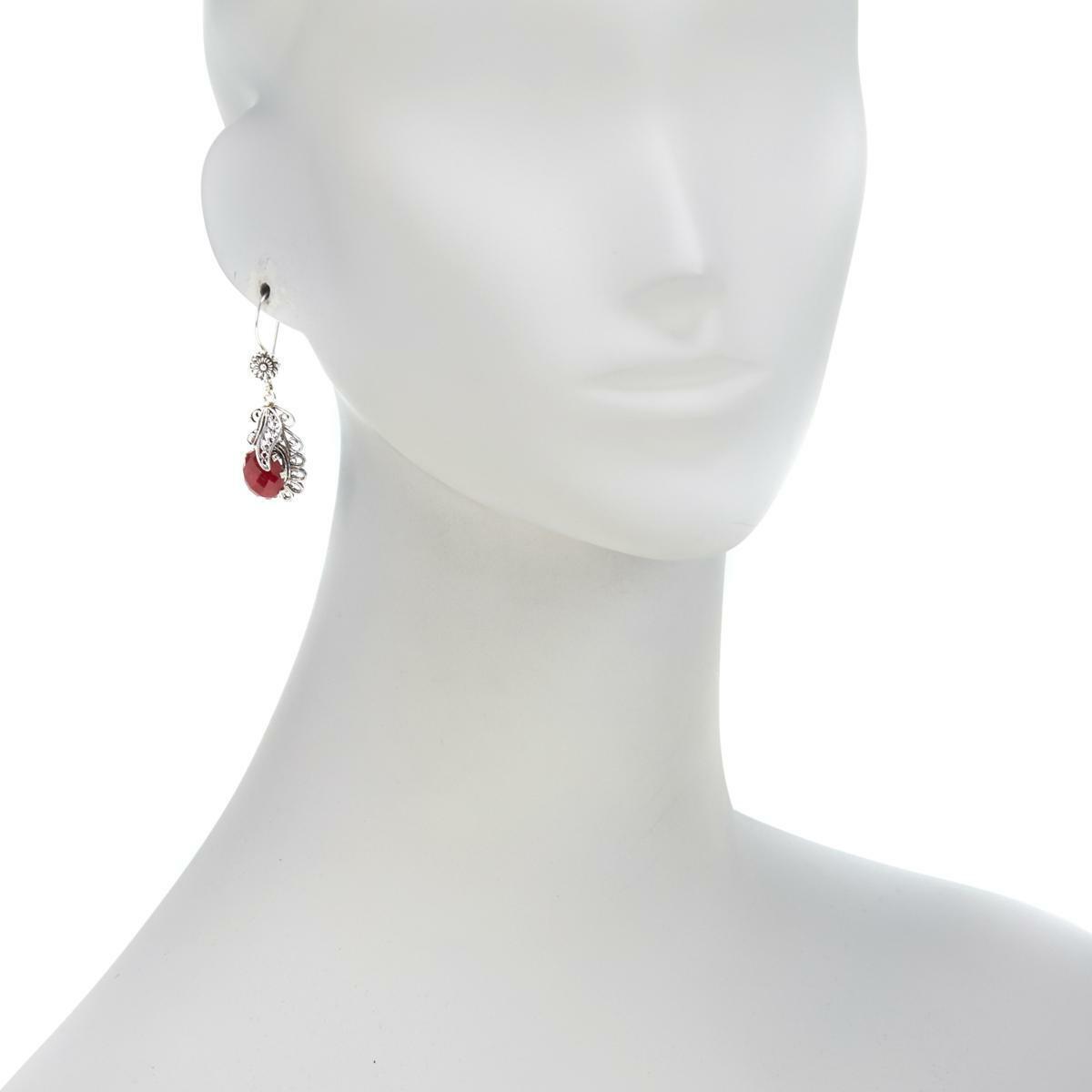 Ottoman Raspberry Corundum Leaf Design Sterling Silver Drop Earrings