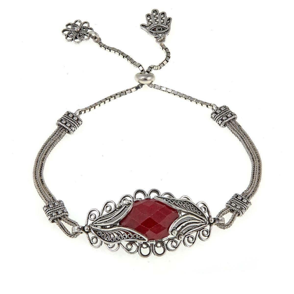 Ottoman Raspberry Corundum Leaf Design Silver Bracelet - Adjustable from Sm - Lg