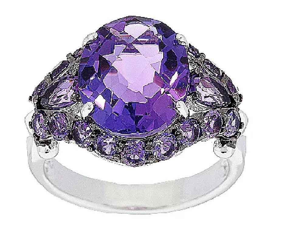 QVC Gem Amethyst Round, Pear Checkerboard Prong Ring Sterling Silver Size 9