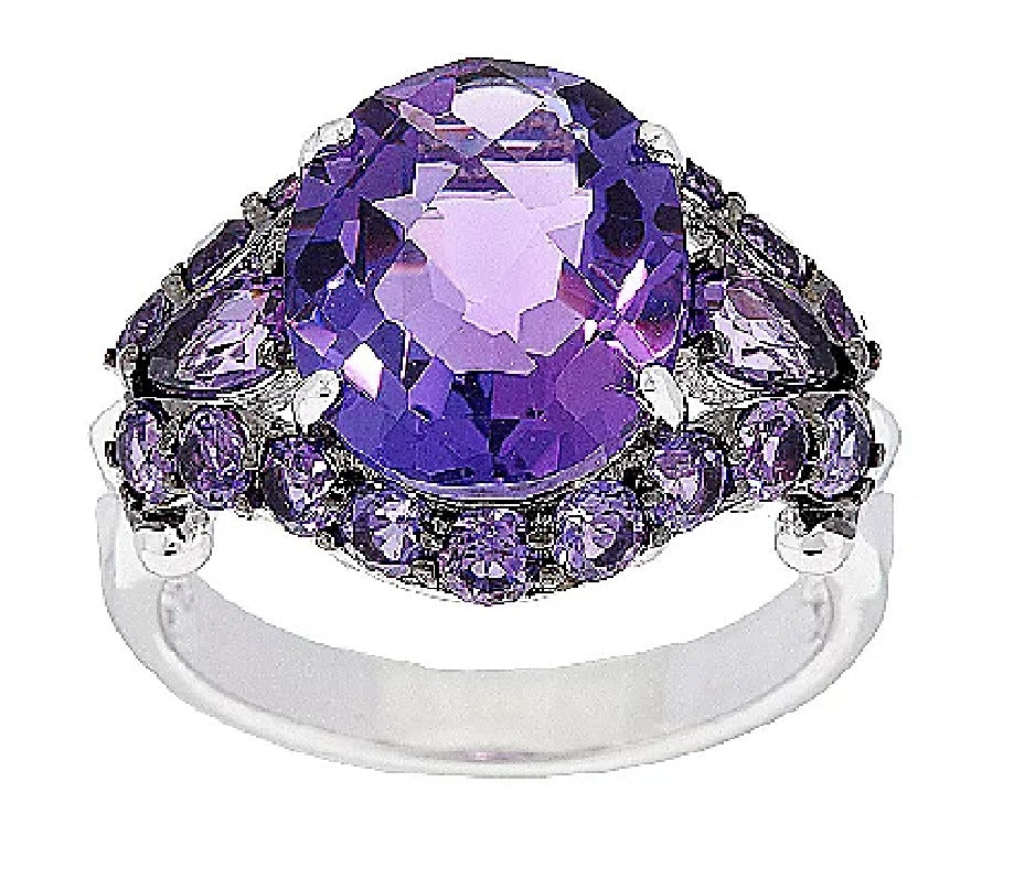 QVC Gem Amethyst Round, Pear Checkerboard Prong Ring Sterling Silver Size 9