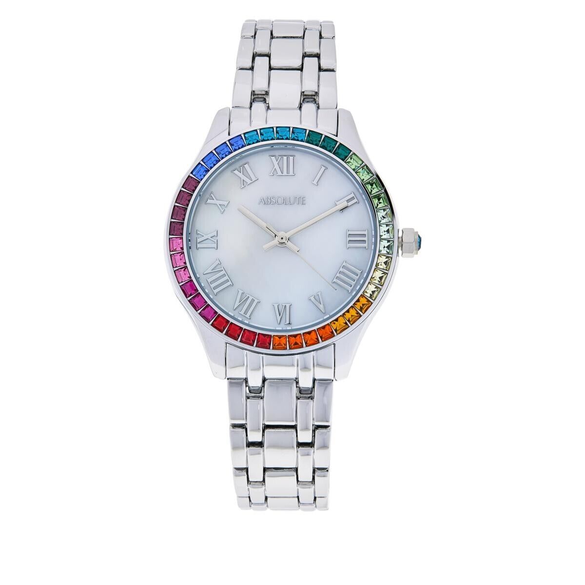 Absolute Women's Rainbow Cubic Zirconia Bezel Bracelet Watch, Silvertone