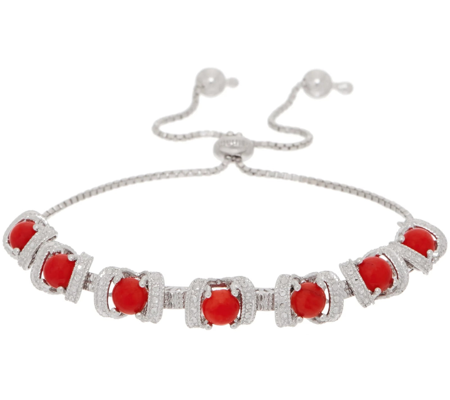 Gemstone Diamond Cut Adjustable Bracelet, Sterling Silver - Coral Red