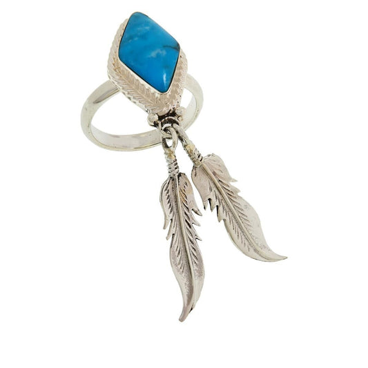 Chaco Canyon Sterling Silver Turquoise Feather Dangle Ring. Size 11