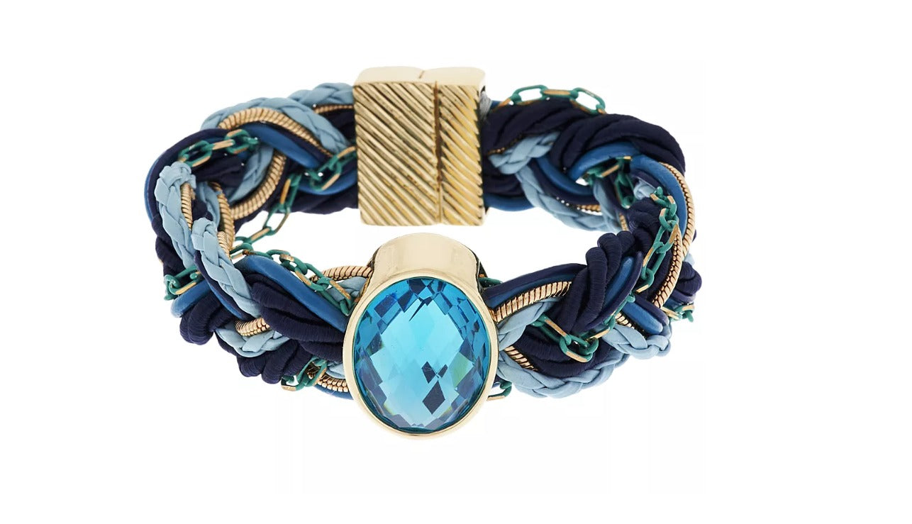 Susan Graver Blue Combo Multi Braided, Oval Glass Bead GoldTone Bracelet. 6-3/4"