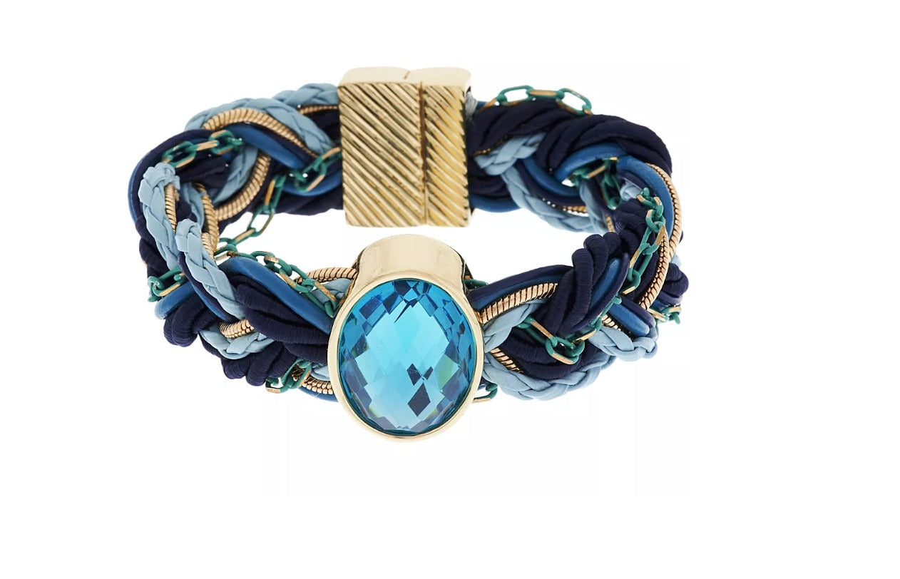 Susan Graver Blue Combo Multi Braided, Oval Glass Bead GoldTone Bracelet. 6-3/4"