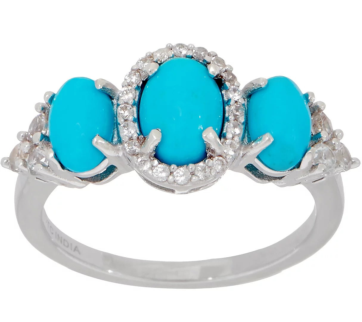 QVC Sterling Sleeping Beauty Turquoise & White Zircon Three Stone Ring. Size 6
