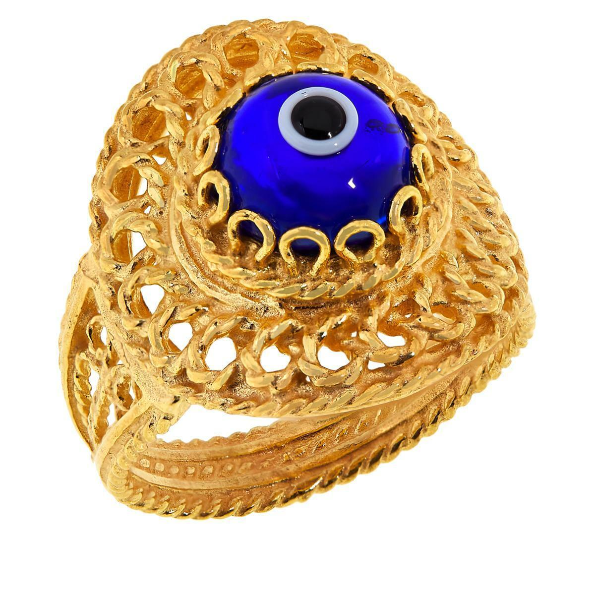 Ottoman Goldtone Silver Filigree Good Luck Evil Eye Ring, Size 6