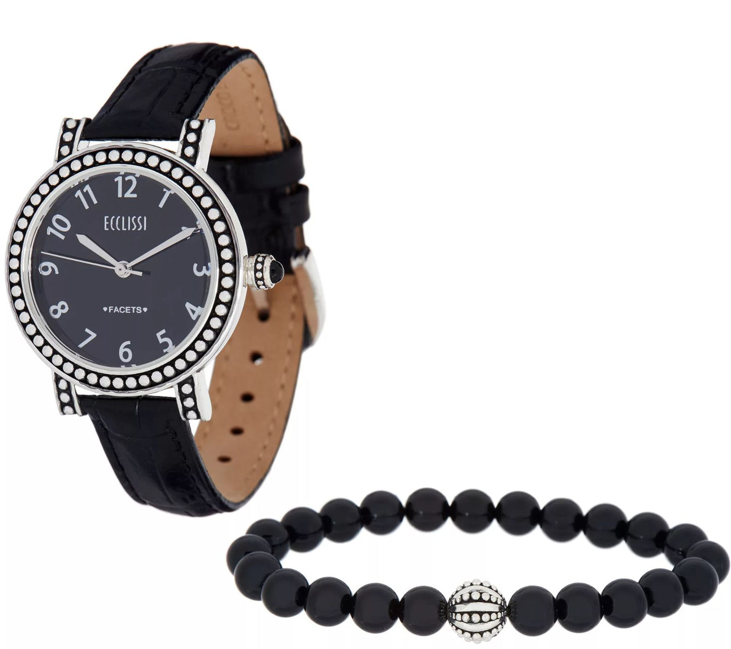 Ecclissi ONYX Gems Leather Watch and Stretch Bracelet 5"-7-1/4" SilverTone