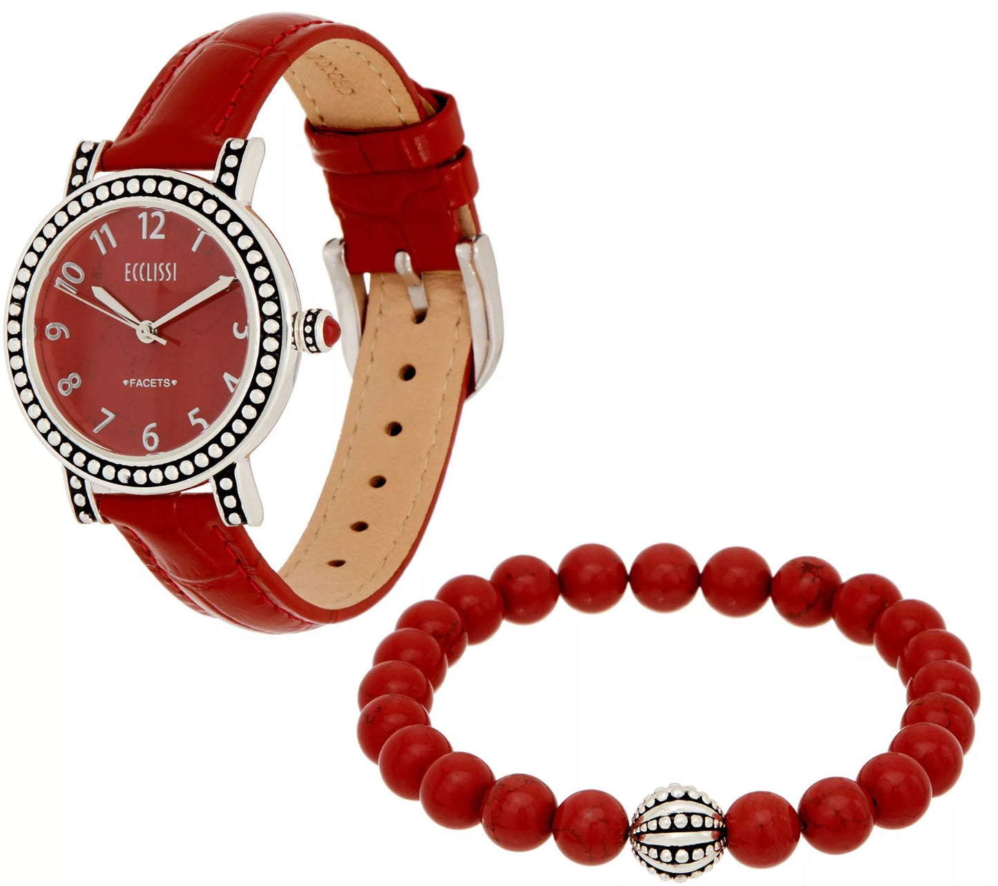 Ecclissi jasper Gems Leather Watch and Stretch Bracelet 5"-7-1/4" SilverTone