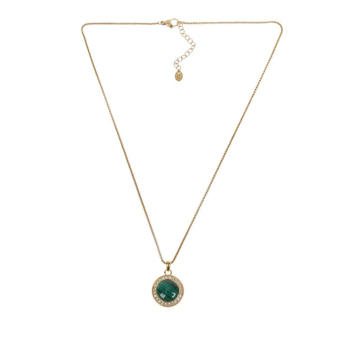 Colleen Lopez Malachite Cabochon and White Topaz Pendant with Chain, Goldtone