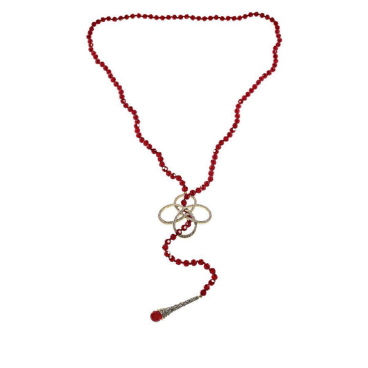 Heidi Daus "Never Ending Elegance" Clear Crystal Red Beaded Lariat Necklace. 48"
