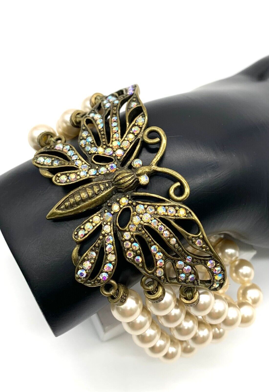 Kirks Folly Pearl Multi-strand Antique Goldtone Butterfly Stretch Bracelet