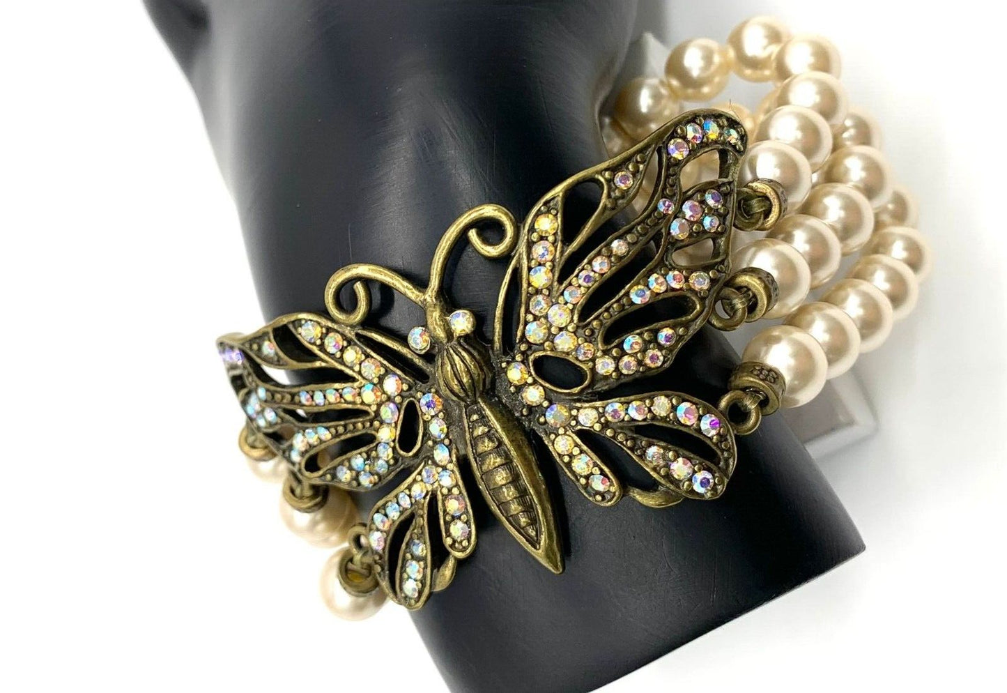 Kirks Folly Pearl Multi-strand Antique Goldtone Butterfly Stretch Bracelet