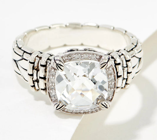JAI Sterling Silver  Cushion WHITE TOPAZ & Diamond Ring. Size 6